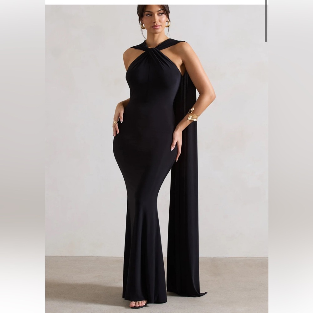 Club L London First Glance Black Twist-Neck Cape Maxi Dress Black WORN ONCE ONLY